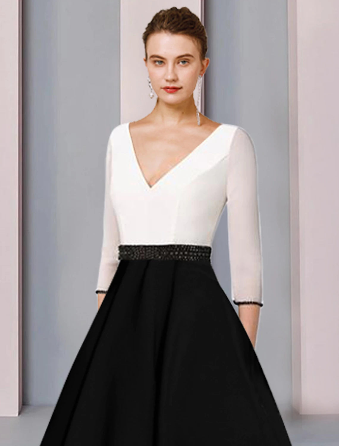 Wholesale  A-Line Mother of the Bride Dress Wedding Guest Elegant V Neck Tea Length Chiffon Satin Short Sleeve with Sash / Ribbon